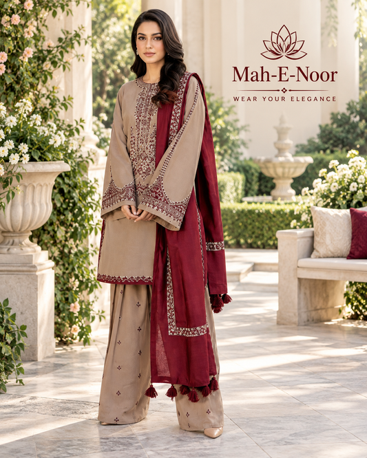 Mah-E-Noor winter 3pc Premium Emboridered Lawn