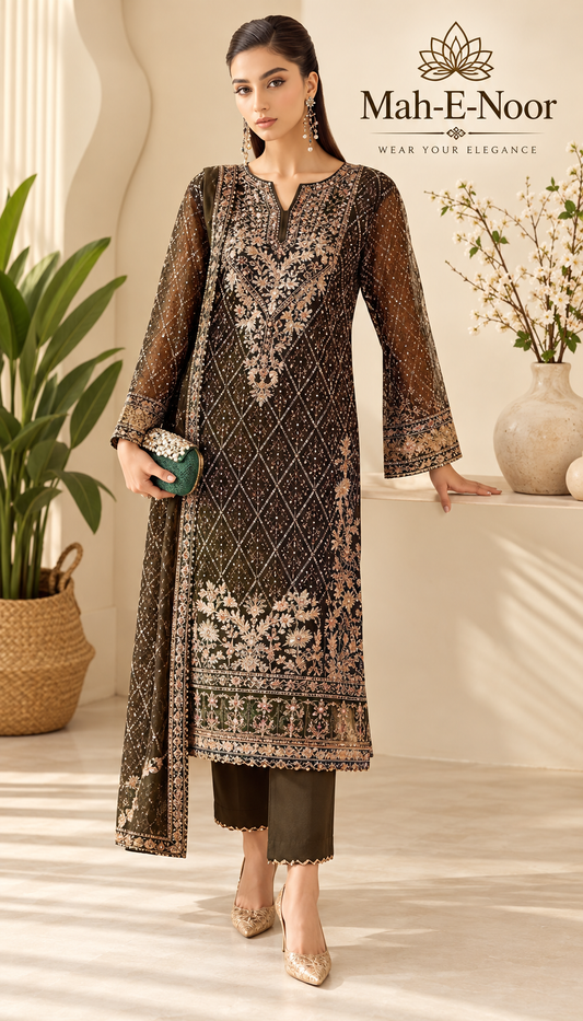 Mah-E-Noor winter 3pc Premium Emboridered Lawn