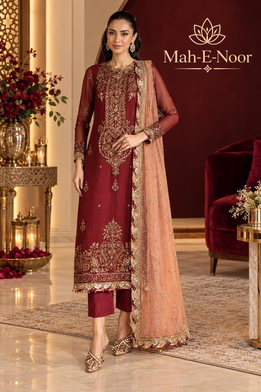Mah-E-Noor winter 3pc Premium Emboridered Lawn