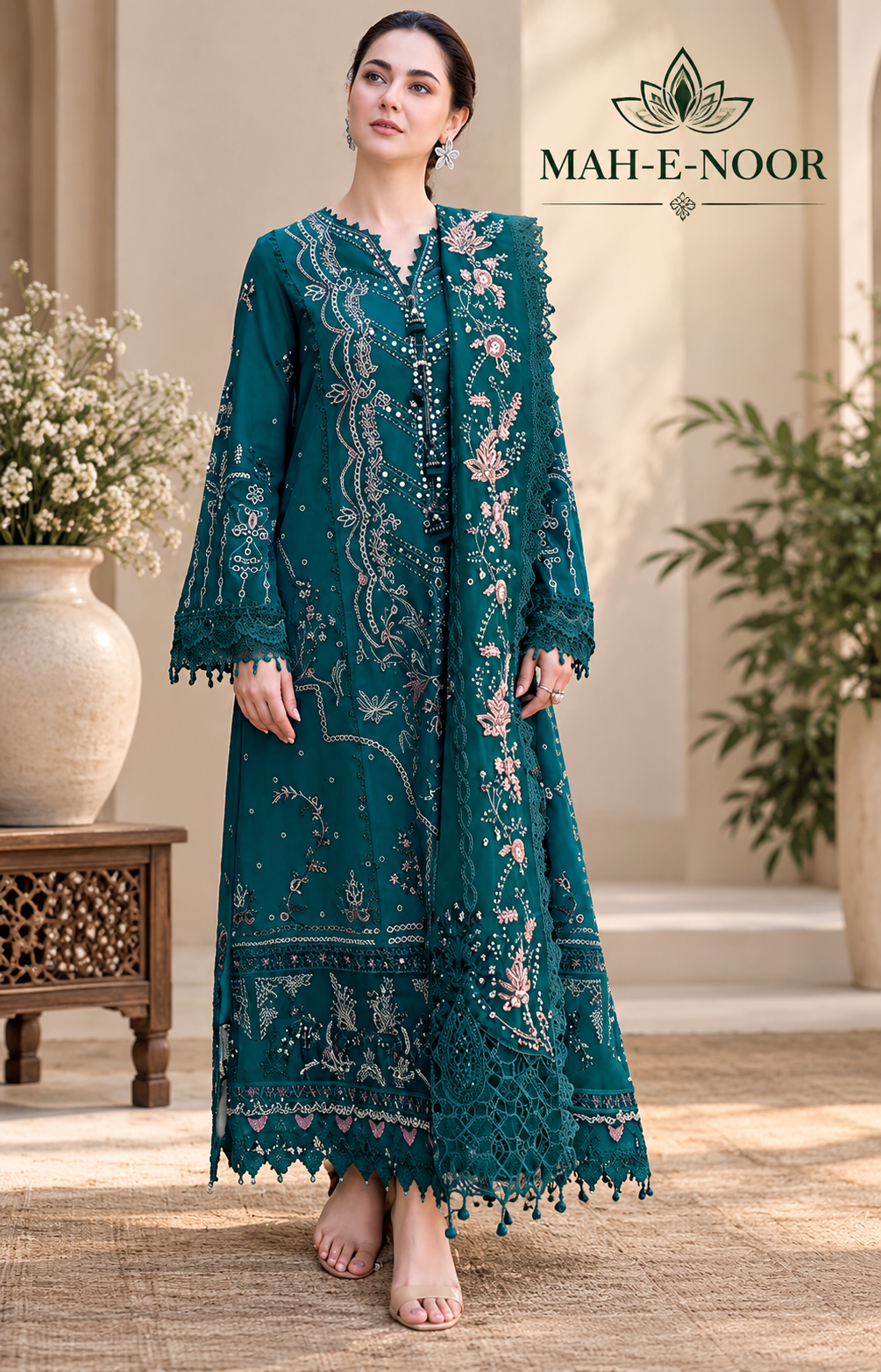 Mah-E-Noor winter 3pc Dyed Dhanak