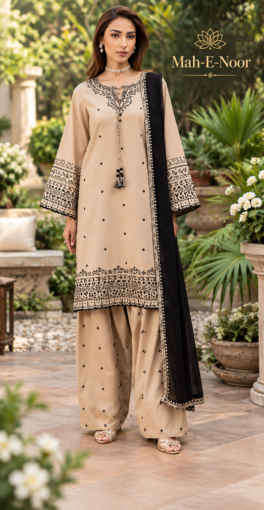 Mah-E-Noor winter 3pc Premium Emboridered Lawn