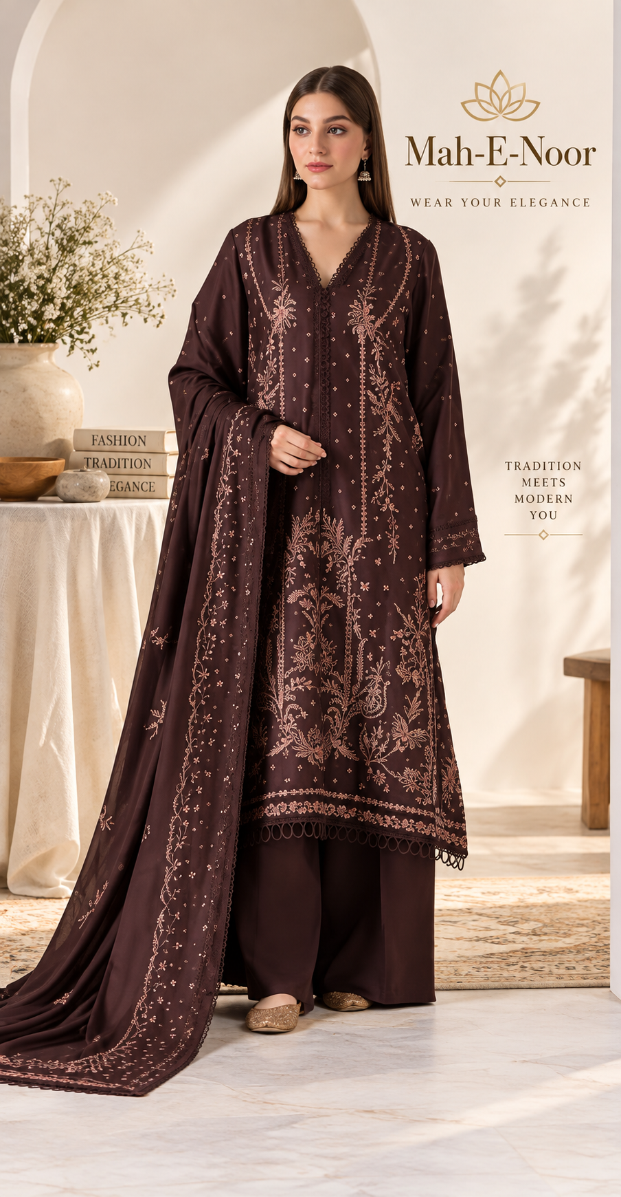 Mah-E-Noor winter 3pc Dyed Dhanak