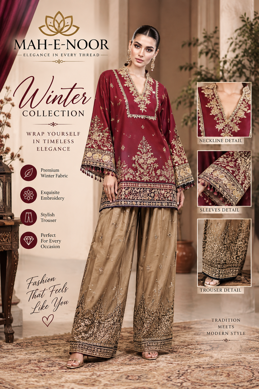 Mah-E-Noor winter 2pc kaftan slik