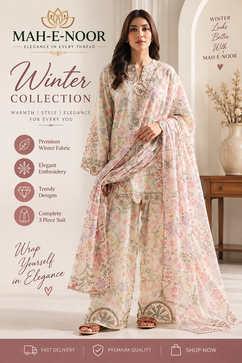 Mah-E-Noor 3pc winter Maria B Slik