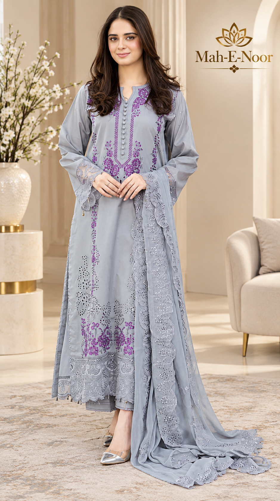 Mah-E-Noor winter 3pc Premium Emboridered Lawn