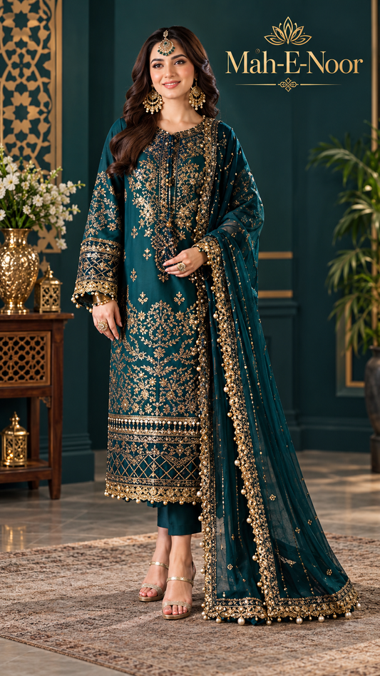 Mah-E-Noor winter 3pc Premium Emboridered Lawn