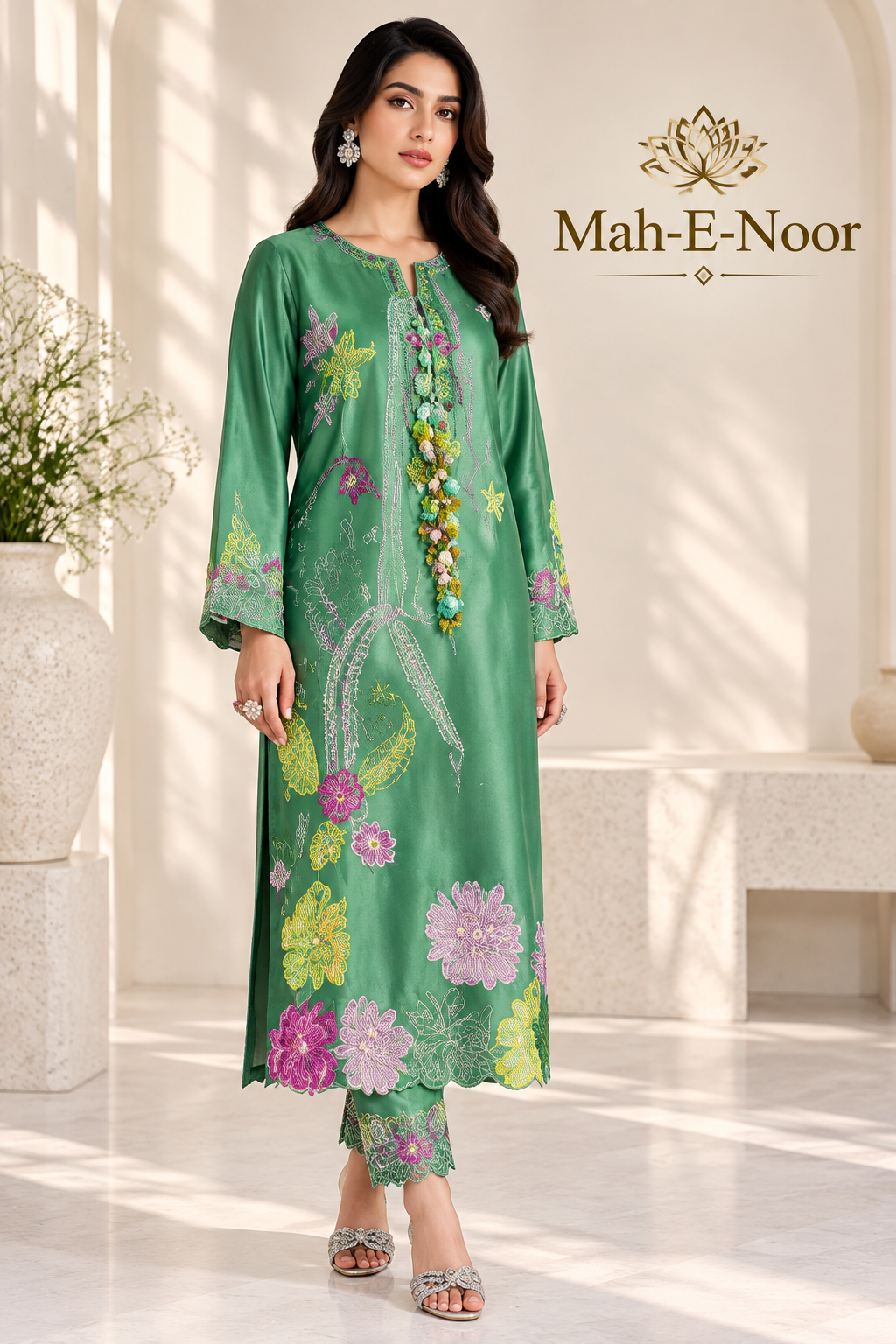 Mah-E-Noor winter 2pc Emboridered Silk