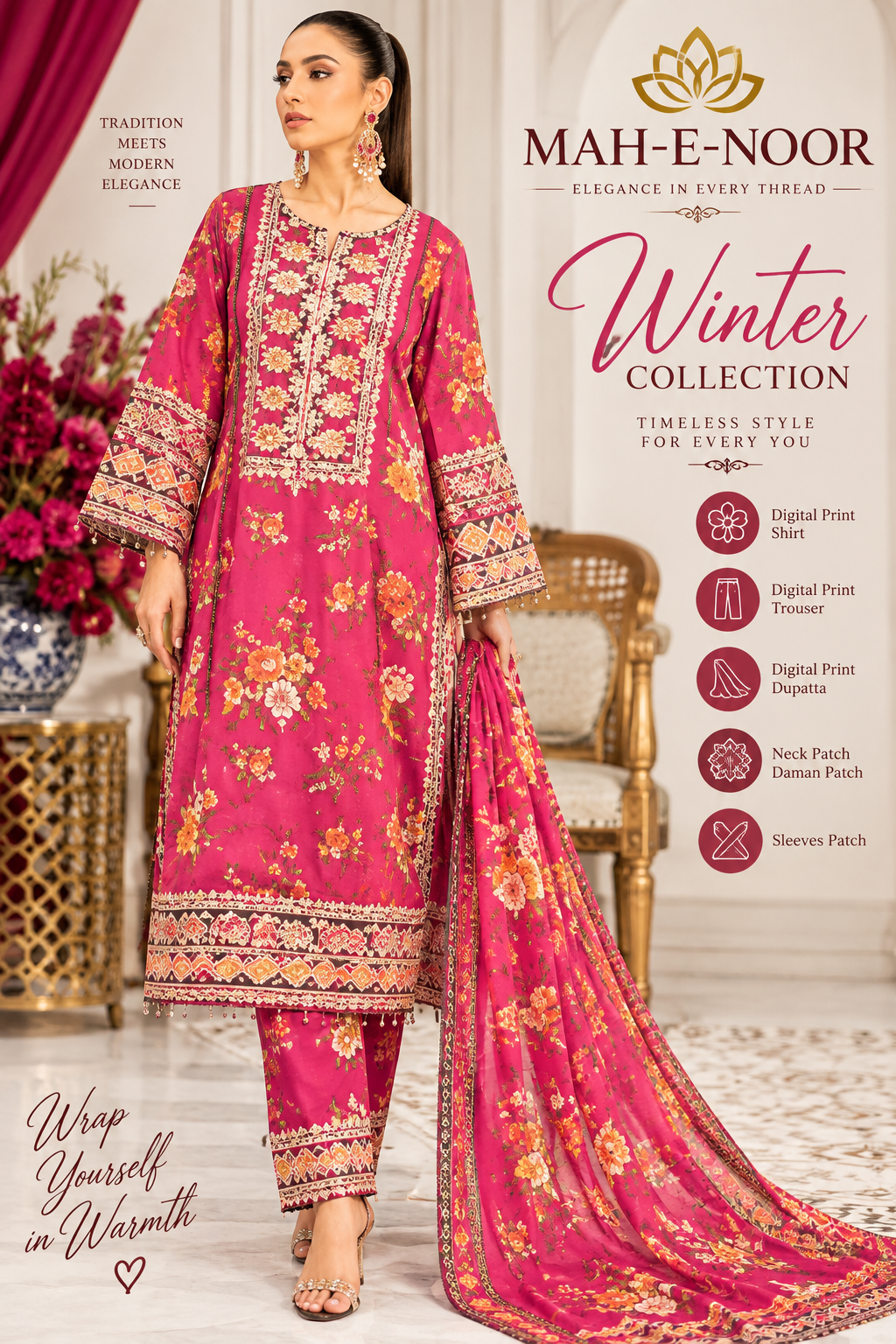 Mah-E-Noor winter 3pc premium slik