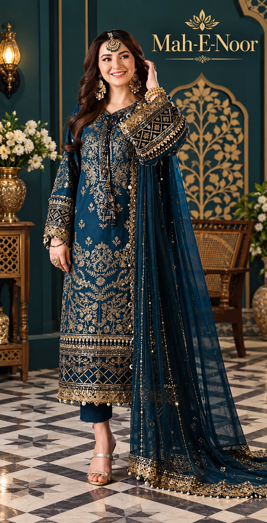 Mah-E-Noor winter 3pc Premium Emboridered Lawn