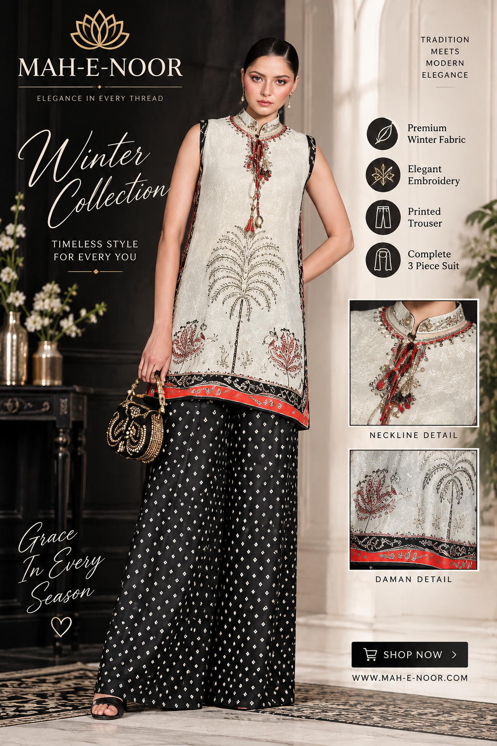 Mah-E-Noor winter 2pc kaftan slik