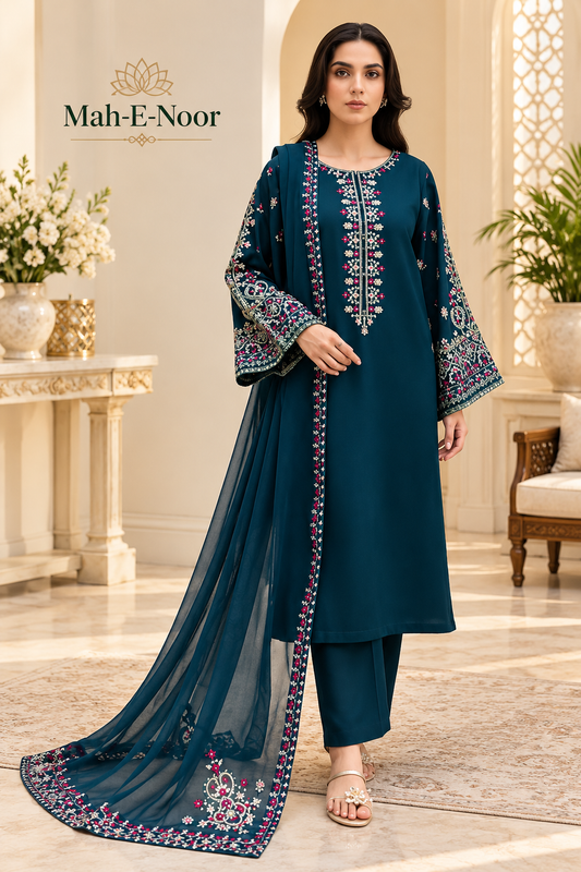 Mah-E-Noor winter 3pc Premium Emboridered Lawn